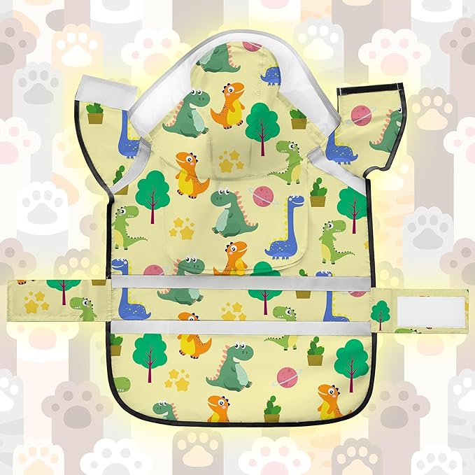 Dog Raincoat, Adjustable Rain Jacket with Hooded Double Layer for Large Medium Small Dogs Puppies, Lightweight Waterproof Rain Coat Poncho with Reflective Stripe Dinosaurs Yellow,XL