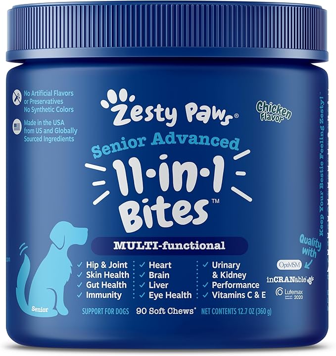 Zesty Paws Senior Dog Multivitamin Treats - Glucosamine for Dogs + Digestive Enzymes & Probiotics - Grain Free Dog Vitamins and Supplements for Skin & Coat + Immune Health Chicken - Advanced - 90ct