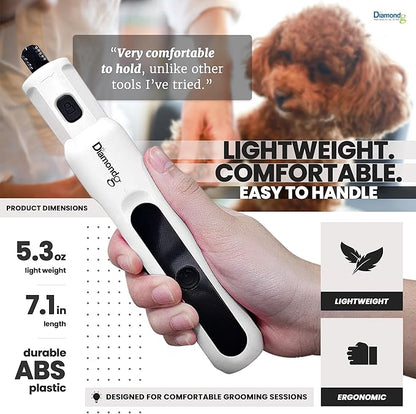 Diamondg Cordless Micro Dog Nail Grinder with Quiet Sound & LED Tip for Large & Small Dogs, 4hrs. Runtime - Electric Dog Nail Trimmer, Heavy Duty Rotary Tool Alternative to Toenail Clippers & Filers