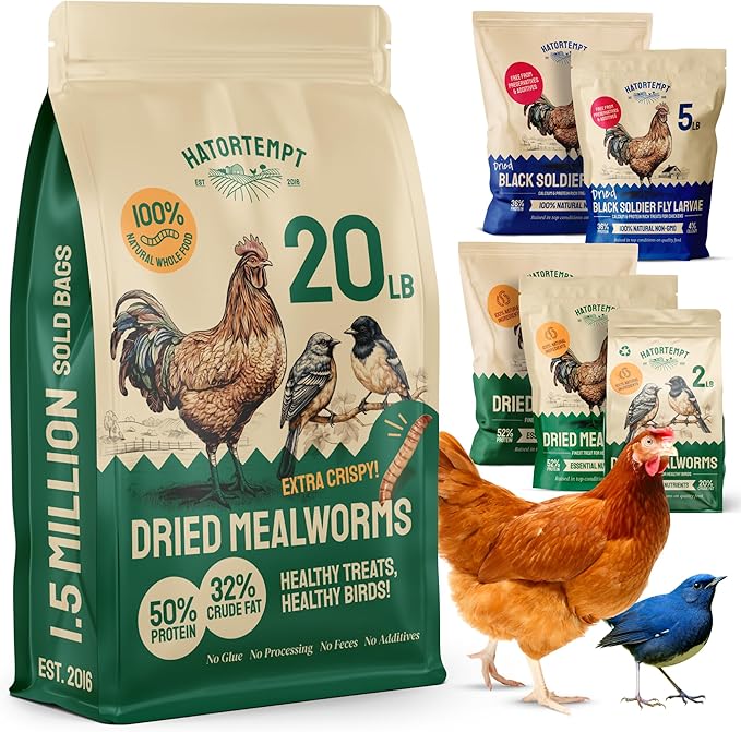 Hatortempt Dried Mealworm Bird Food - 20 lb Bulk Pack - High Protein Poultry & Chicken Feed Supplement - Also Nutritious as Duck Food, Wild Bird Feed & Quail Treats
