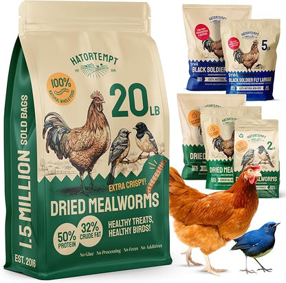 Hatortempt Dried Mealworm Bird Food - 20 lb Bulk Pack - High Protein Poultry & Chicken Feed Supplement - Also Nutritious as Duck Food, Wild Bird Feed & Quail Treats