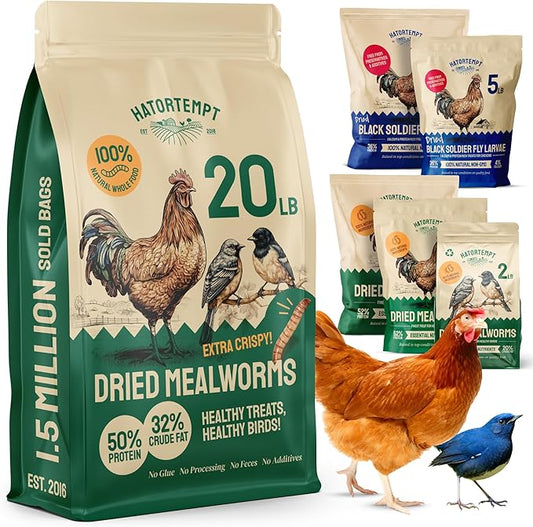 Hatortempt Dried Mealworm Bird Food - 20 lb Bulk Pack - High Protein Poultry & Chicken Feed Supplement - Also Nutritious as Duck Food, Wild Bird Feed & Quail Treats