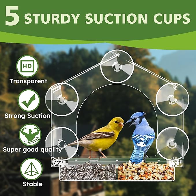 Window Bird Feeder with 5 Extra Strong Suction Cups, Clear Birdfeeders for Outdoors, Sturdy and Durable Bird House for Window Viewing Outside,Garden Decor Gifts for Bird Lover