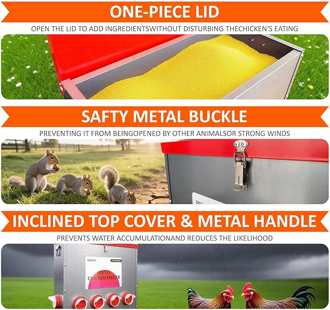 Automatic Metal Poultry Feeder No Waste Large Capacity 85-120LBS Weatherproof Animal-Proof 10-Port for Chickens, Geese, Ducks, Turkeys, Quails