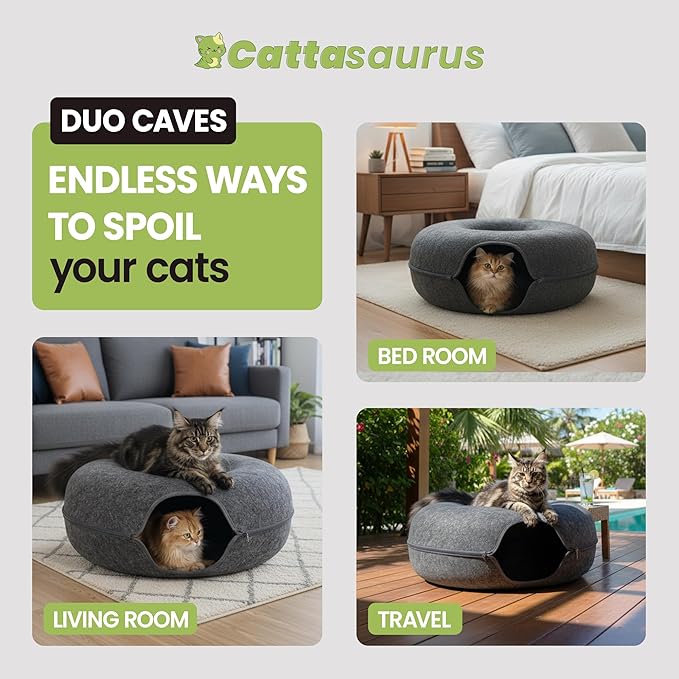 Cattasaurus Peekaboo Cat Cave Duo Jumbo Set, Extra Spacious Cat Donut for Multiple & Large Kitty 15+ lbs, Scratch Detachable Cat Beds for Indoor Cats, Washable Cat Tunnel Bed, Best Kitten Toys
