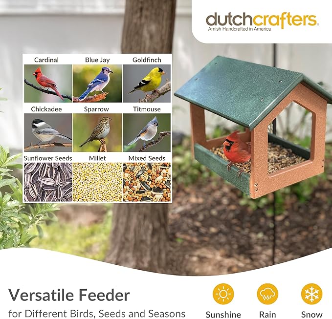 DutchCrafters Amish USA Made Recycled Plastic Large Hanging Modern Fly Through Covered Roof Open Platform Tray Bird Feeder for Outdoors, Garden, Yard (Turf Green & Bright Cedar)