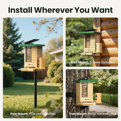 Birdfy Smart Bird Feeder with Camera Solar Powered, Night Insight & Slow-Motion Video for Outdoors & Backyard Birds Watching, AI Identify 6000+ Species by Subscription, Wood