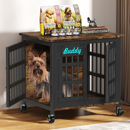 EasyCom Heavy Duty Dog Kennel Indoor with Name Tag, 27" Dog Crate Furniture for Small Dogs, Double-Doors Sturdy Metal Dog Cage for Anxiety Dog