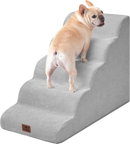 EHEYCIGA Curved Dog Stairs Ramp for High Beds, 5-Step Extra Wide Dog Steps for Small Dogs and Cats, Pet Stairs for High Bed Climbing, Non-Slip Balanced Pet Step Indoor, Light Grey