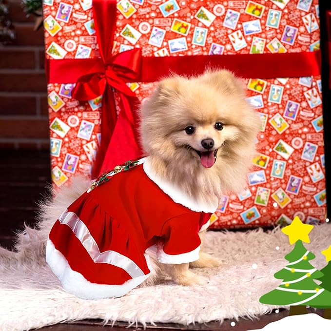 Christmas Dog Dress, Santa Claus Pet Clothes, Velvet Skirt Winter Outfit Red Apparel, Dog Xmas Holiday Cosplay Costume for Small Medium Puppies