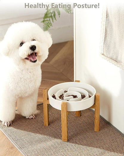 Ceramic Slow Feeder Dog Bowls Elevated, 2.0 Cups Slow Feeder for Medium and Large Dogs, Puzzle Maze Bowl to Slow Down Eating, 30oz, 8in, White