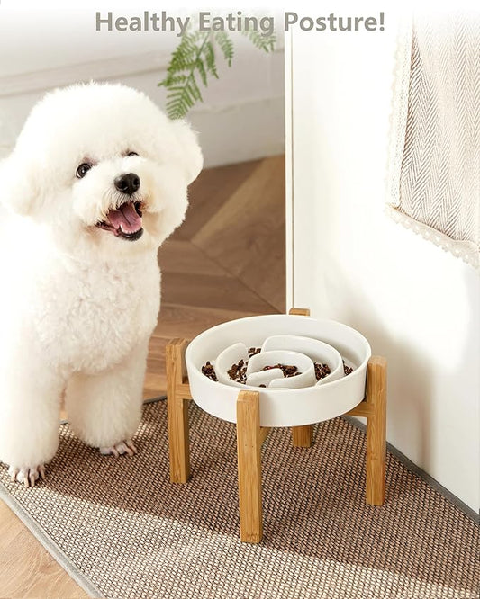 Ceramic Slow Feeder Dog Bowls Elevated, 2.0 Cups Slow Feeder for Medium and Large Dogs, Puzzle Maze Bowl to Slow Down Eating, 30oz, 8in, White