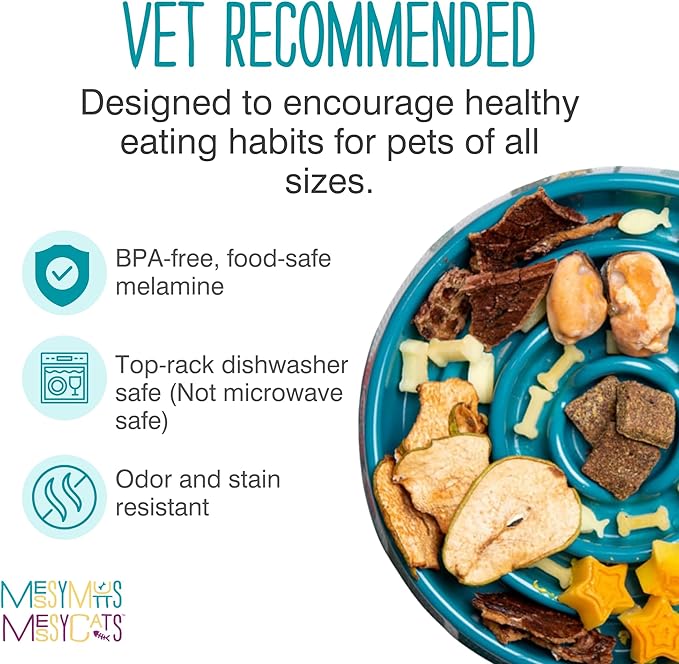 Messy Mutts Interactive Slow Feeder | Puzzle Slow Feeder Dog or Cat Bowl | Enrichment Food Dish for Eating, Prevent Bloating | 9.8” x 2.2” | 3 Cup | Blue
