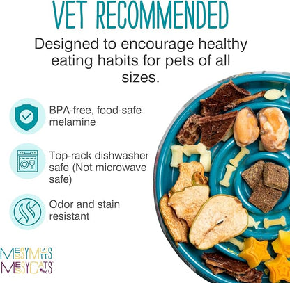 Messy Mutts Interactive Slow Feeder | Puzzle Slow Feeder Dog or Cat Bowl | Enrichment Food Dish for Eating, Prevent Bloating | 9.8” x 2.2” | 3 Cup | Blue