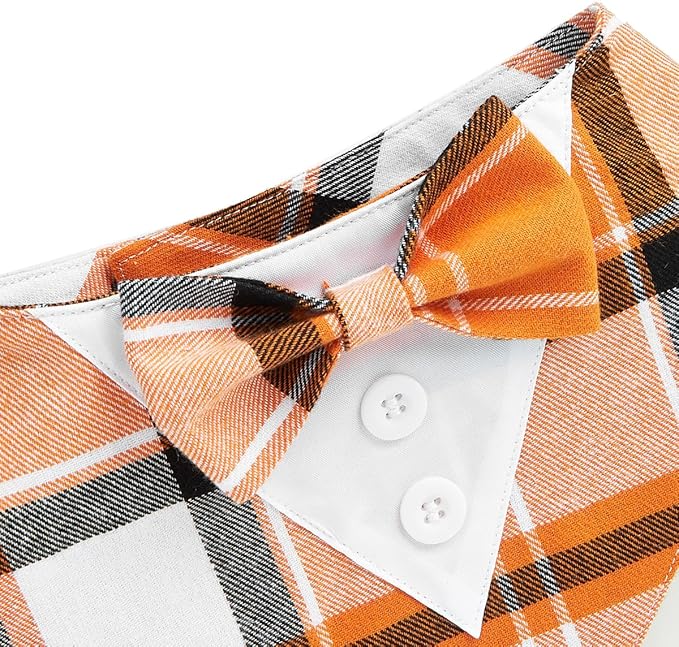 Fall Dog Tuxedo Bandana, Orange Plaid Pet Collar with Bowtie, Adjustable Halloween Thanksgiving Dog Tux Costume for Small to Extra Large Pets