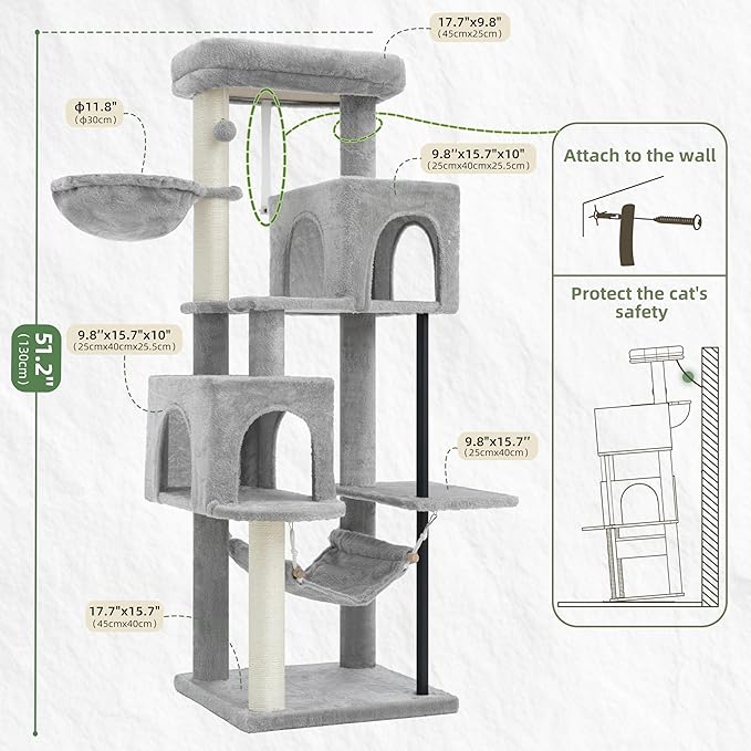 51.2'' Cat Tree Tower, Cat Tower with Scratching Post, Sturdy Steel Pube Cat Tree for Inoor Cats Large Adult, Cat Hammock and Basket, Padding Top Platform, Light Gray GCT014W