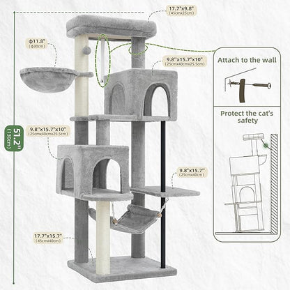 51.2'' Cat Tree Tower, Cat Tower with Scratching Post, Sturdy Steel Pube Cat Tree for Inoor Cats Large Adult, Cat Hammock and Basket, Padding Top Platform, Light Gray GCT014W