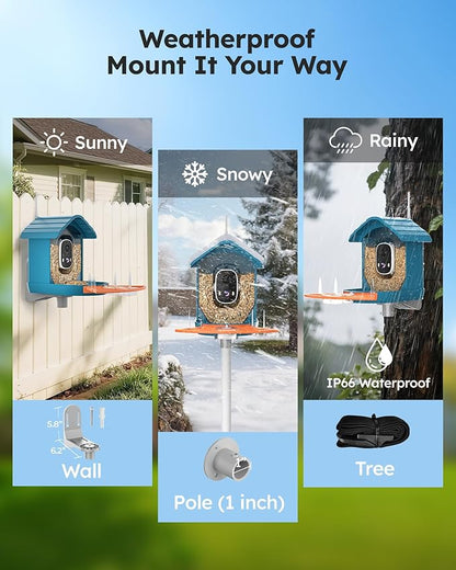 Smart Bird Feeder with Camera Solar Powered for Outdoors 2K FHD AI Recognition Hanging Bird Feeder Camera for Outside Backyard Garden, Gifts for Birdlover Mom Dad Kid (Deep Blue and Orange)