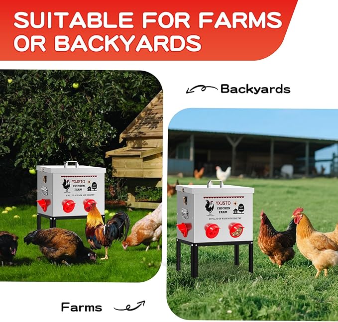YXJSTO 40LB 6 Ports Large Automatic Chicken Feeder, No-Waste Metal Poultry Feeder, Chicken Feeder Box with Adjustable Legs & Locking Lid