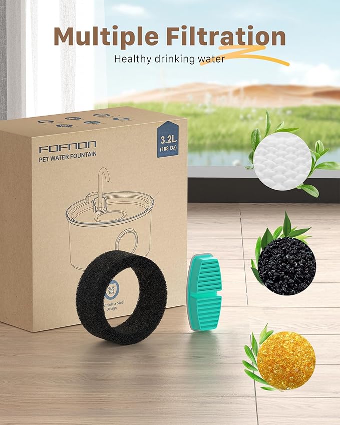 Cat Water Fountain Stainless Steel: Cat Fountain for Drinking - 108oz/3.2L Pet Water Fountain for Cats Indoor - Quiet Water Fountain for Cats - Faucet Pet Fountain - Contains 6 Filters + 3 Sponges