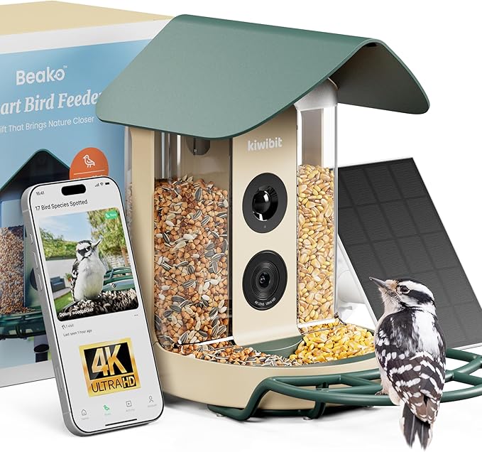 Beako™ Smart Bird Feeder with 4K Camera Solar Powered for Outdoors - UHD Live Stream for Birdwatching, AI Identification 10,000+ Bird Species, Real-Time Motion Detection, Forest Birch