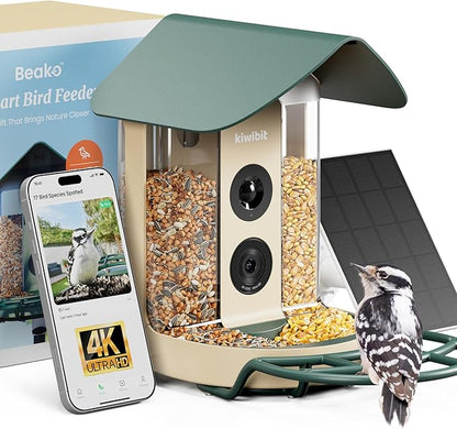 Beako™ Smart Bird Feeder with 4K Camera Solar Powered for Outdoors - UHD Live Stream for Birdwatching, AI Identification 10,000+ Bird Species, Real-Time Motion Detection, Forest Birch