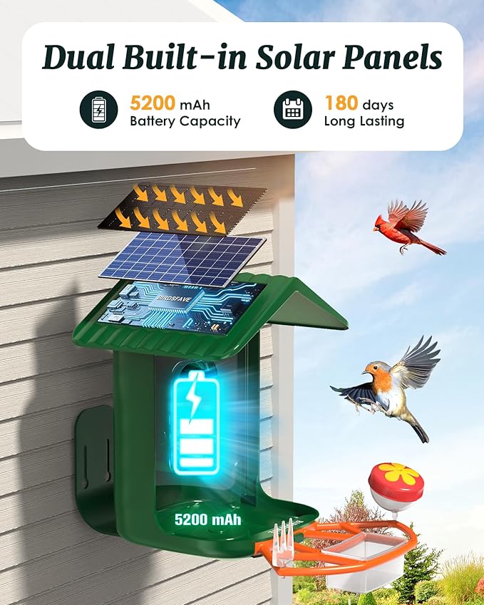 BIRDSFAVE-Bird Feeder with Camera Solar Powered, 2K Clear Live/Video/Photo Auto Arrival Alerts AI Identify Smart Cameras Birds Feeders with 32GB Card DIY Add-ons, 2.4G WiFi Wireless Birdwatching Gift
