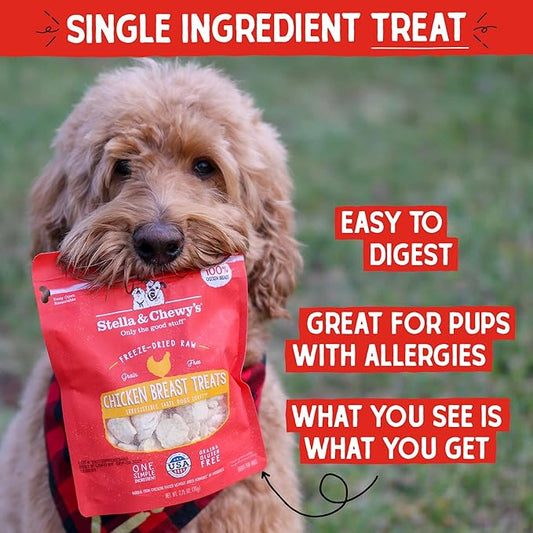 Stella & Chewy's Freeze-Dried Raw Chicken Breast Dog Treats - Single Ingredient, No Additives - Premium Training Treats - Perfect For Picky Eaters - 2.75oz Bag