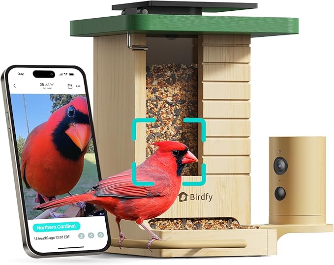 Birdfy Smart Bird Feeder with Camera Solar Powered, Slow-Motion Video & Night Insight, AI Identify 6000+ Species Lifetime Free, Ideal for Outdoors Bird Watching & Gifts for BirdLovers, Wood