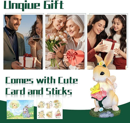 NYUWOAURC Garden Statues Rabbit with Solar Light,Bunny Outdoor Garden Decor Ornaments for Patio Yard Art,Birthday Easter House Warming Garden Gift for Women Mom,Resin Animal Figurine with Wider Base