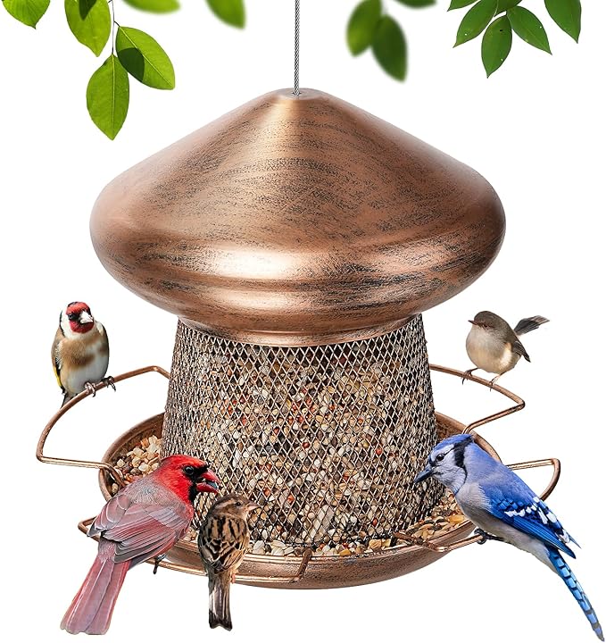 IWNTWY Bird Feeder, Heavy Duty Metal Bird Feeders for Outdoor Hanging, Cute Mushroom Shape 3.5 LB Large Capacity Wild Birdfeeder for Outside Garden Yard (Brown)