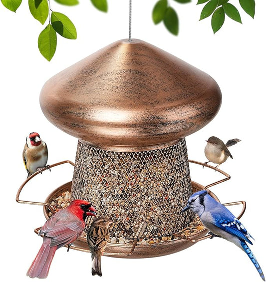 IWNTWY Bird Feeder, Heavy Duty Metal Bird Feeders for Outdoor Hanging, Cute Mushroom Shape 3.5 LB Large Capacity Wild Birdfeeder for Outside Garden Yard (Brown)