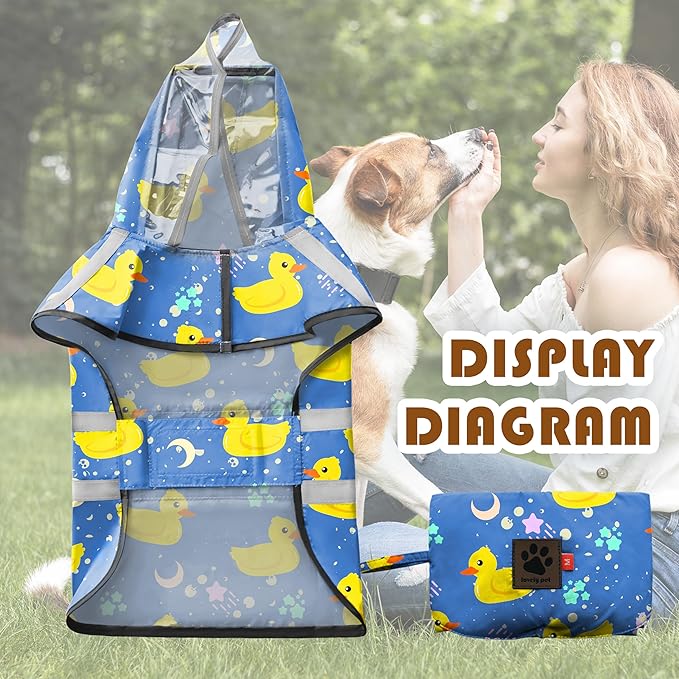 Dog Raincoat, Adjustable Rain Jacket with Hooded Double Layer for Large Medium Small Dogs Puppies, Lightweight Waterproof Rain Coat Poncho with Reflective Stripe Duck Blue,XL
