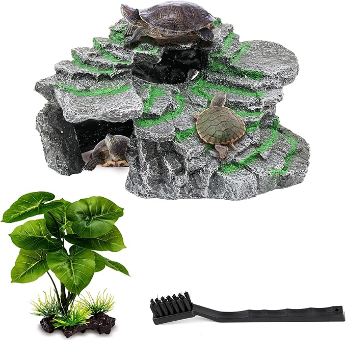 MoonOrange Turtle Basking Platform, Reptile Habitat Hideout, Decorative Resin for Aquarium & Terrarium, Including Artificial Plant and Cleaning Brush.(C-Medium-Black)
