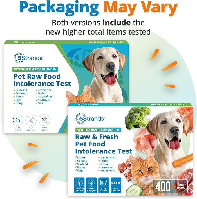5Strands Pet Raw Food Intolerance Test, at Home Sensitivity Test for Dogs & Cats, 410 Items, Hair Analysis, Accurate for All Ages & Breeds, Pet Gut Health, Fast 4 Day Results