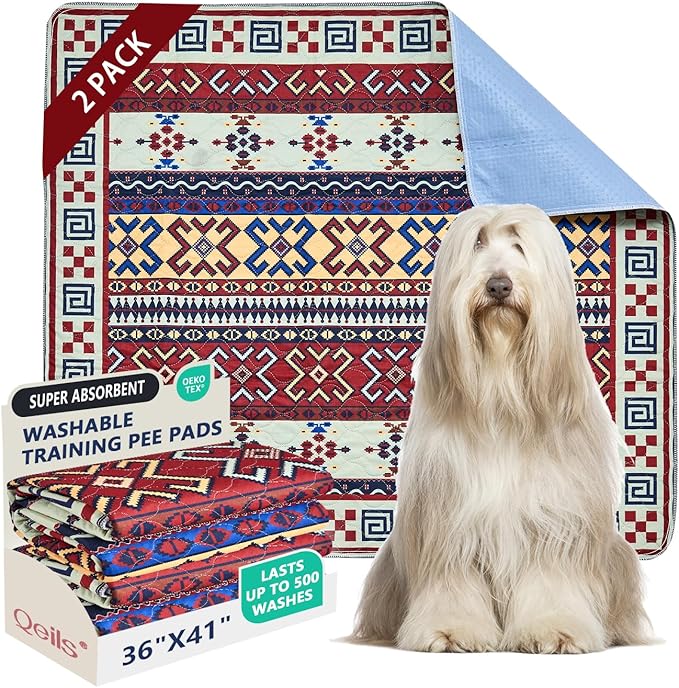 Qeils Washable Pee Pads, Reusable Puppy Pads Super Absorbent Leakproof Dog Training Pads, Non-Slip Wee Wee Pads for Crate, Floor, Potty Pads Feeding Mat Dog Pee 2 Pack 36"x41"