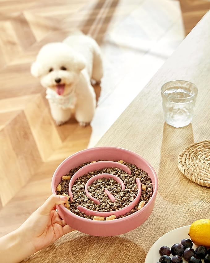 Ceramic Slow Feeder Dog Bowls, 2.0 Cups Slow Feeder for Medium and Large Dogs, Puzzle Maze Bowl to Slow Down Eating, 30oz, 8in, Pink