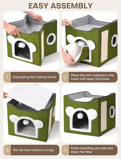 Cat Houses for Indoor Cats, Large Cat Cave with Fluffy Ball and Scratch Pad, Covered Cat Bed House, Foldable Cat Hideaway (Green)