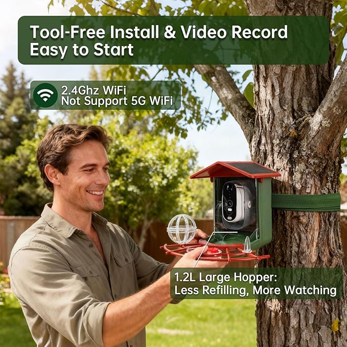 DETIKO Bird Feeder with Camera, 2K HD 147° Wide Angle, Live View, Solar Powered, IP65 Outdoor, 2.4GHz Wi-Fi, Night Vision, Motion Alerts, Local Storage, AI Bird ID 2,800+ Species, Family Sharing