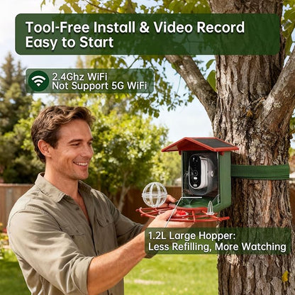DETIKO Bird Feeder with Camera, 2K HD 147° Wide Angle, Live View, Solar Powered, IP65 Outdoor, 2.4GHz Wi-Fi, Night Vision, Motion Alerts, Local Storage, AI Bird ID 2,800+ Species, Family Sharing