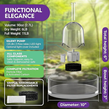 Brook Glass Pet Fountain (90oz/2.7L) – Cat Water Fountain & Small Dog Drinking Fountain – Automatic Water Dispenser Cat Fountain