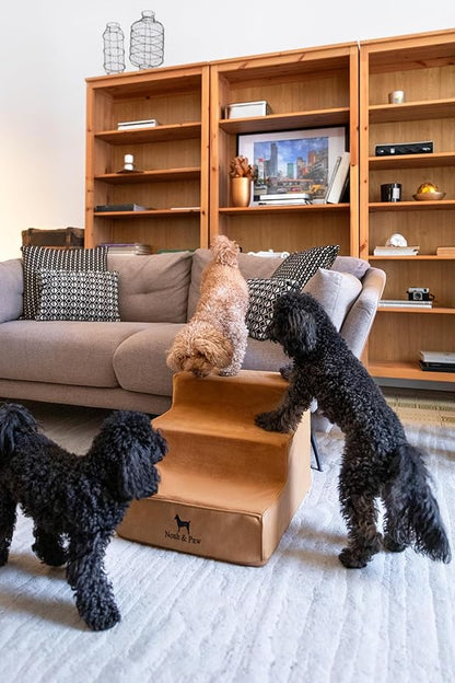 Noah & Paw Dog Stairs, Dog Ramp for Bed (16" Extra Wide) Pet Stairs for High Bed, Design to Fit Small and Large Breeds, Durable 3 Pet Steps for Couch (35 Foam Density) Leather Collection