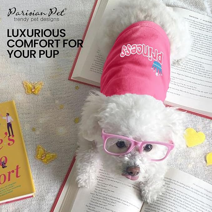 Parisian Pet Dog T-Shirt - Embroidered ' Princess' Breathable Pink Dog Shirt - Sleeveless Pet Vest - Princess Dog Clothes - Machine Washable Dog Shirts for Small Dogs - XS