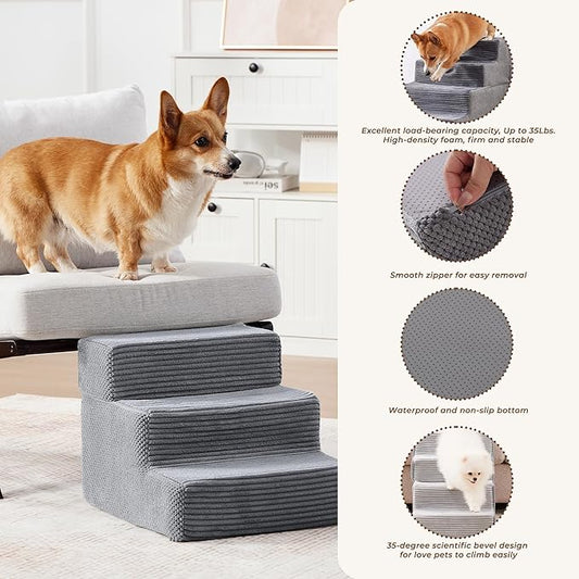 HYLEORY Dog Stairs for Bed 13.5''H, 3-Step Pet Stairs for Small Dogs Cats, Sturdy Pet Steps with Non-Slip Bottom, Functional Portable Dog Ramp for Couch/Chair/Sofa/Car, Storage Pocket, Grey-Light Grey