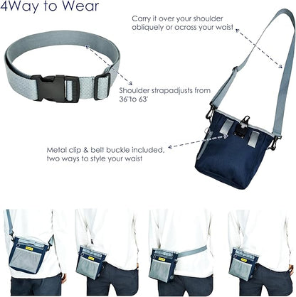 Dog Treat Pouch with Magnetic Closure 4-Cup Silicone Bag Fanny Pack Holder with Clicker 4 Ways to Wear Front Pocket Fits All Phones Ideal for Leash, Pet Walking and Training（Blue）