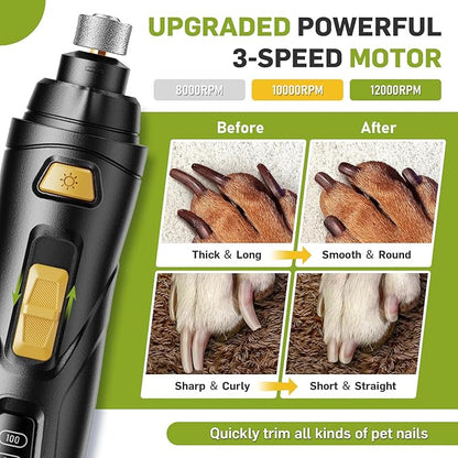 Dog Nail Grinder & Clipper 2-in-1 Set - 25dB Ultra Quiet with 3 Grinding Wheels & 2 LED Lights, Rechargeable for Large/Puppy Dogs & Cats, 3-Speed Adjustable for Anxious Pets