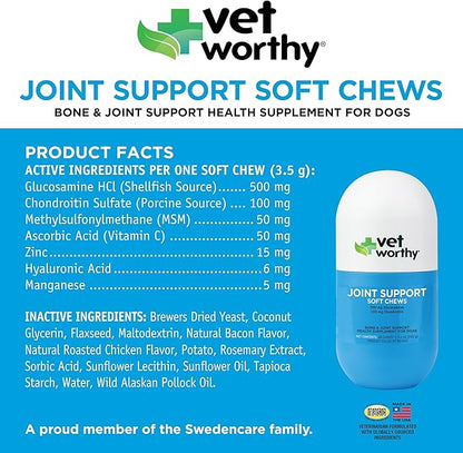 Vet Worthy Joint Support Soft Chews - Bone and Joint Supplement for Dogs - Contains Glucosamine Chondroitin for Dogs & MSM - Formulated for Stiffness, Mobility, and Cartilage Protection – 60 Count