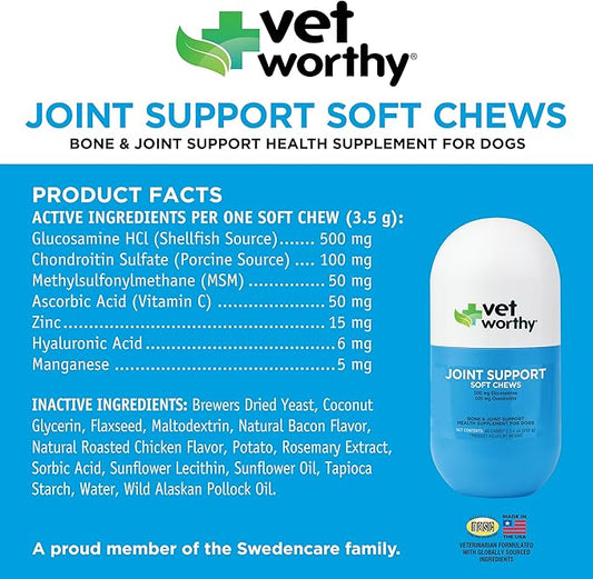 Vet Worthy Joint Support Soft Chews - Bone and Joint Supplement for Dogs - Contains Glucosamine Chondroitin for Dogs & MSM - Formulated for Stiffness, Mobility, and Cartilage Protection – 60 Count