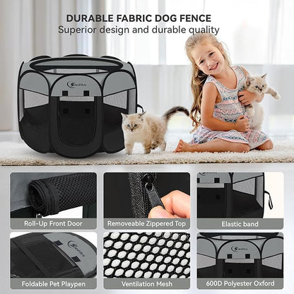 Dark Grey Dog Cat Playpen, Puppy Pet Playpen, Small Dogs Tent Crates Cage Indoor/Outdoor, Portable Pop Up Dog Kennel Playpen with Carrying Case for Dogs/Cats/Rabbits