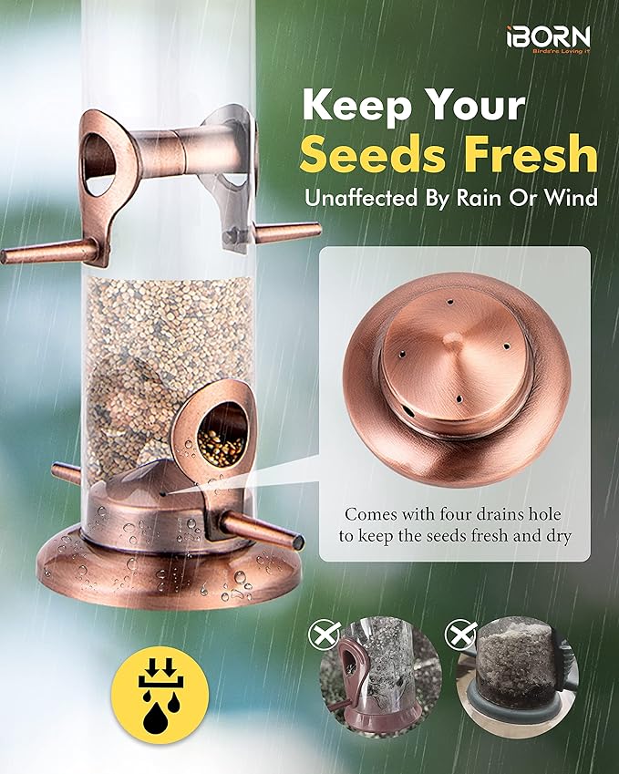 iBorn Metal Bird Feeders Metal Bird Feeder Copper for Outdoors Hanging All Copper Finishing 15 Inch 4Port(Seed is not Included)